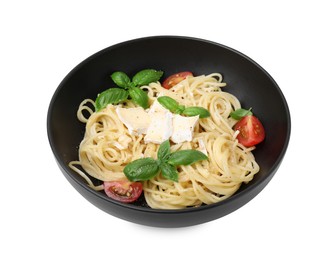 Photo of Bowl of delicious pasta with brie cheese, tomatoes and basil leaves on white background