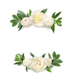 Wreaths made of beautiful peony flowers on white background