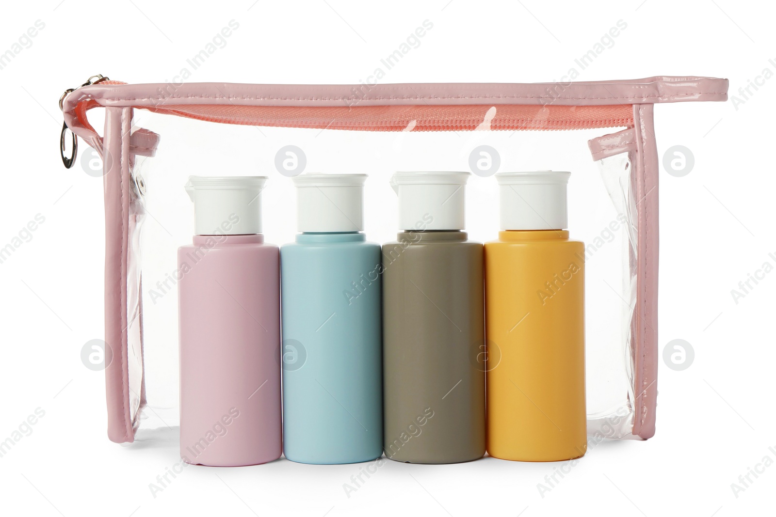 Photo of Cosmetic travel kit with plastic bag isolated on white