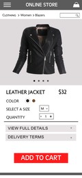 Image of Online store website page with leather jacket and information. Image can be pasted onto smartphone screen