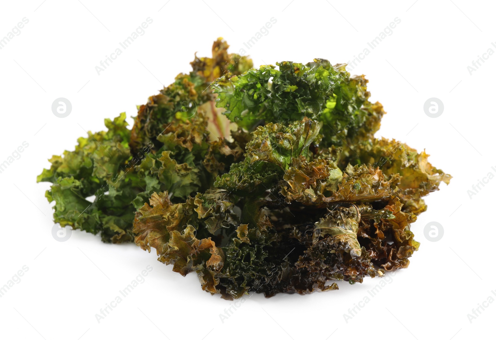 Photo of Tasty baked kale chips isolated on white