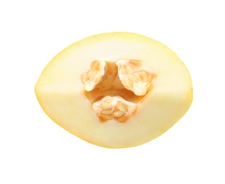 Photo of Piece of tasty ripe melon on white background, top view