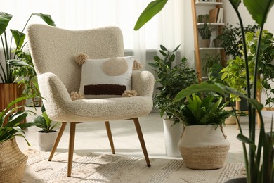 Photo of Relaxing atmosphere. Many different potted houseplants around stylish armchair in room