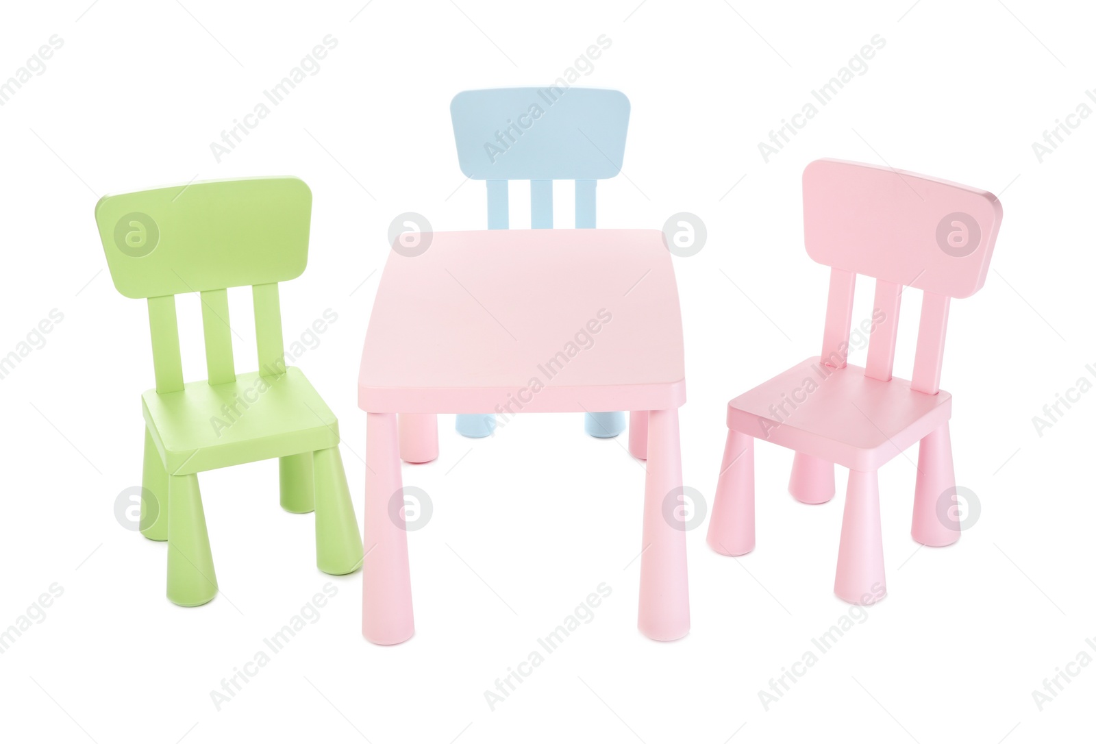 Photo of Colorful table and chairs for little kids isolated on white