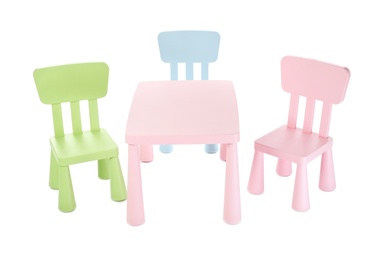 Photo of Colorful table and chairs for little kids isolated on white