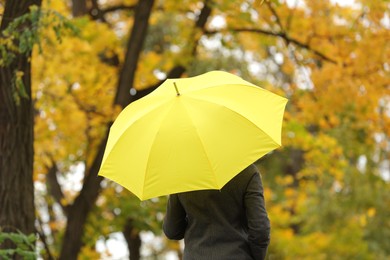 Photo of Woman with yellow umbrella in autumn park, back view
