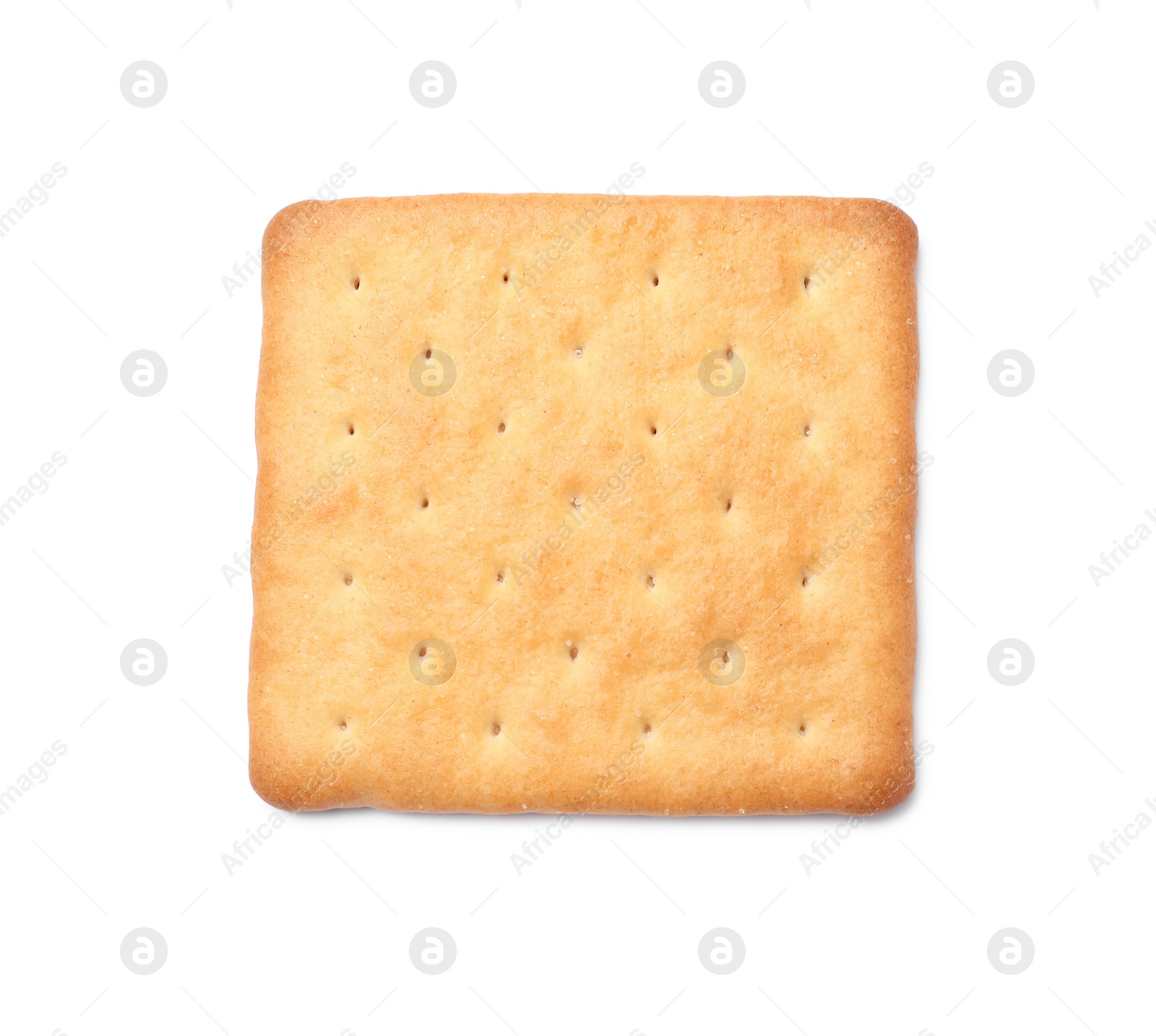 Photo of One crispy cracker isolated on white, top view. Delicious snack