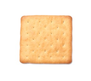 Photo of One crispy cracker isolated on white, top view. Delicious snack