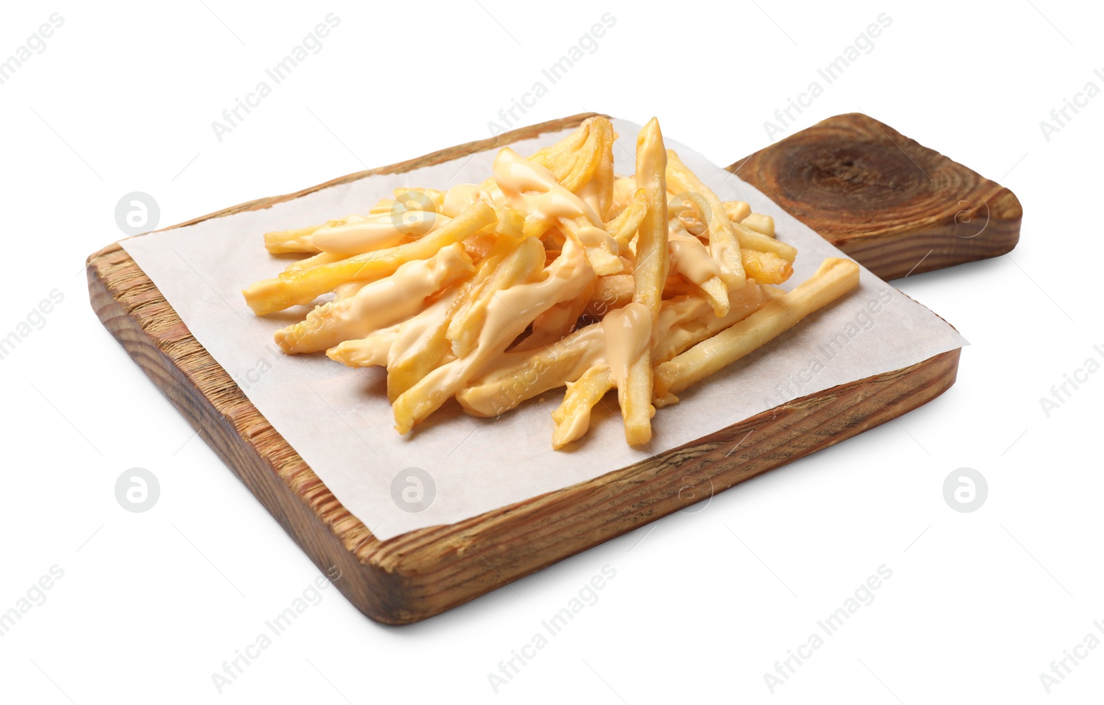 Photo of Delicious French fries with cheese sauce isolated on white