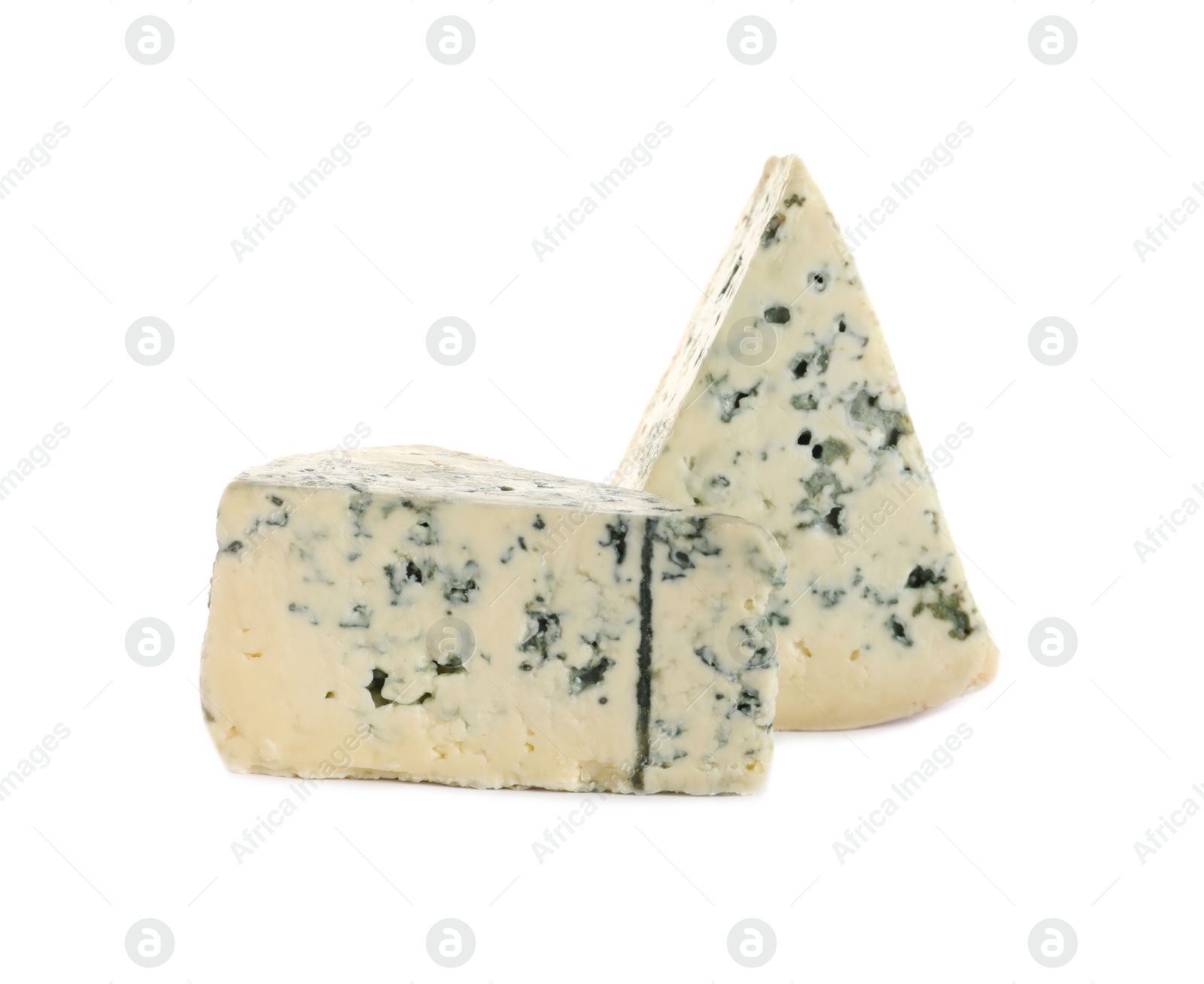 Photo of Pieces of tasty blue cheese isolated on white