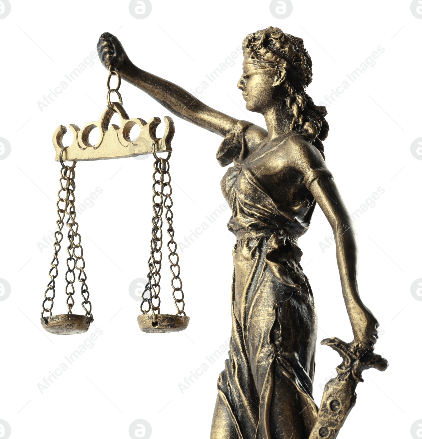 Photo of Statue of Lady Justice isolated on white, side view. Symbol of fair treatment under law