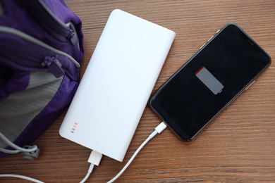 Charging mobile phone with power bank and purple backpack on wooden table, flat lay