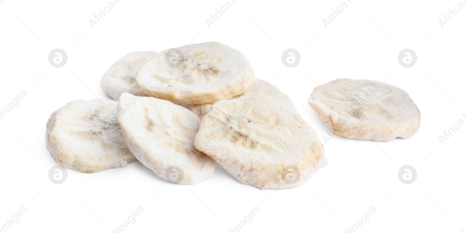 Photo of Pile of freeze dried bananas on white background