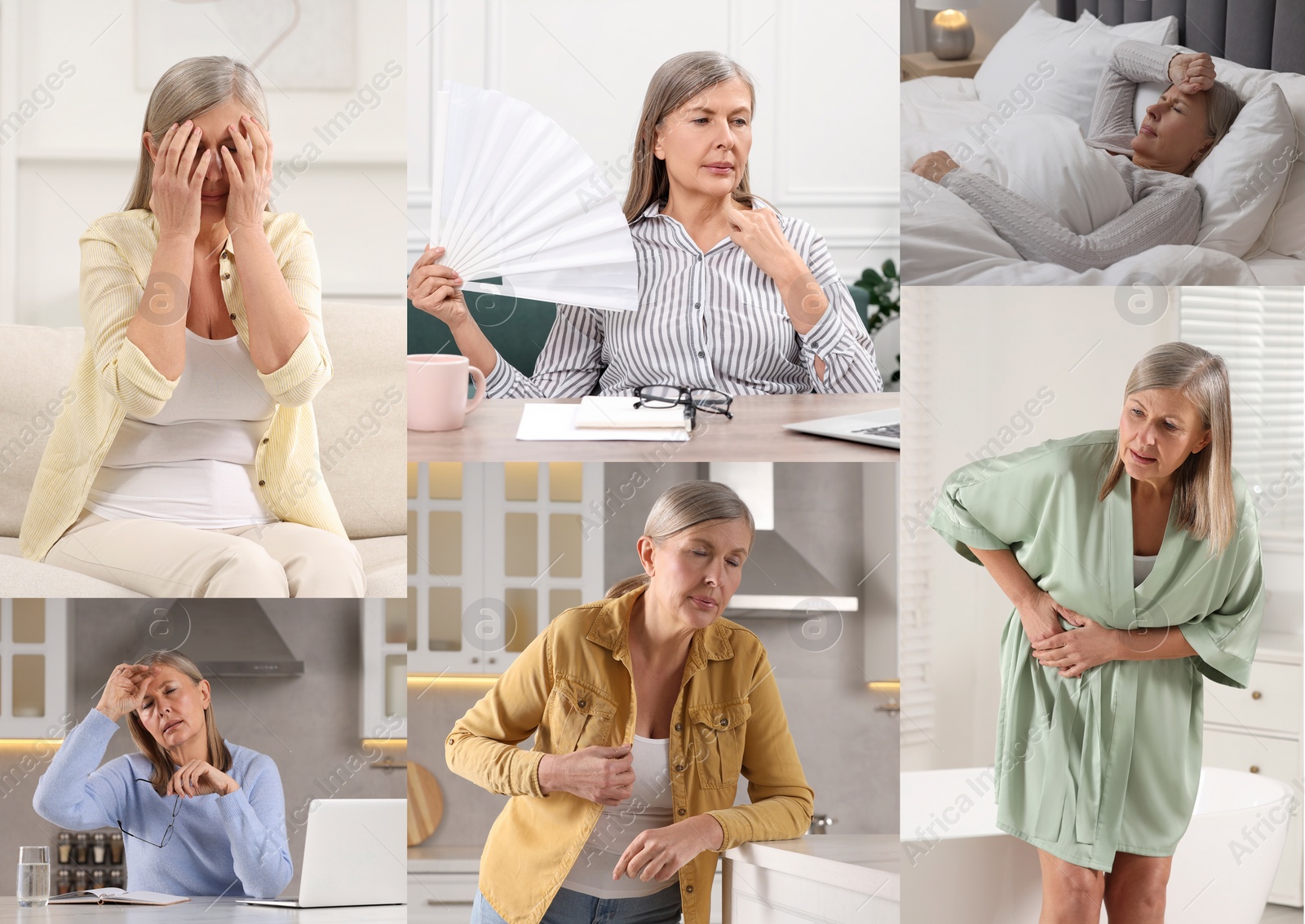 Image of Menopause, collage with photos of woman suffering from different symptoms