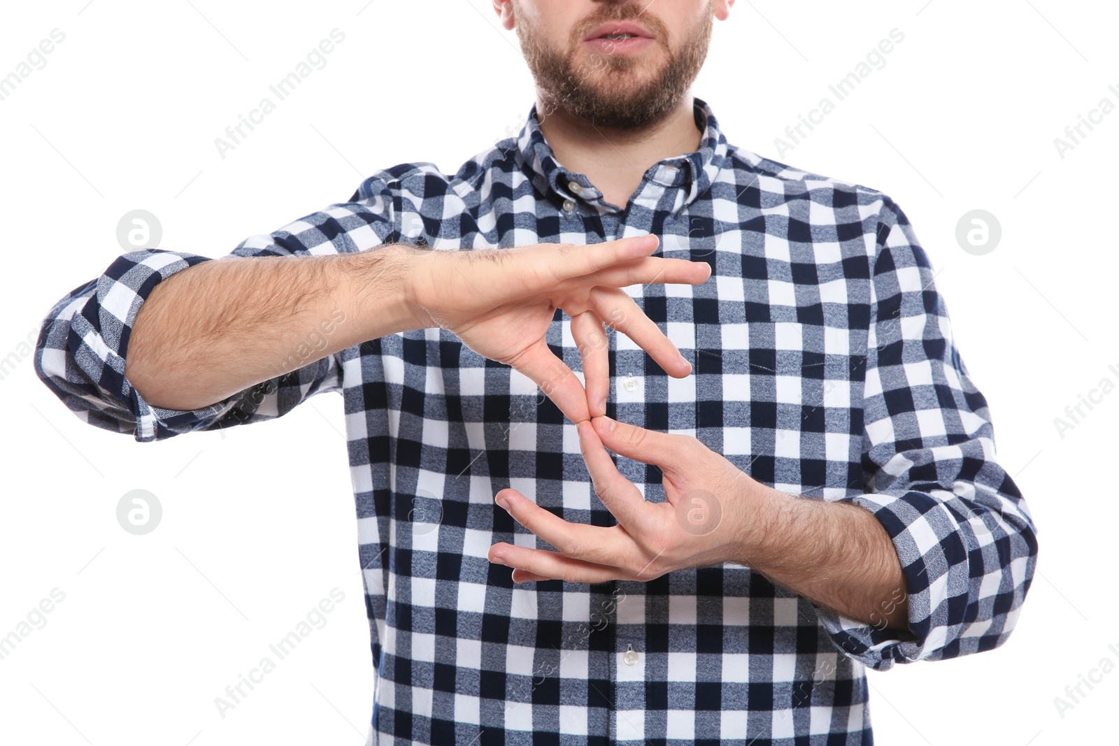 Photo of Man showing word INTERPRETER in sign language on white background, closeup