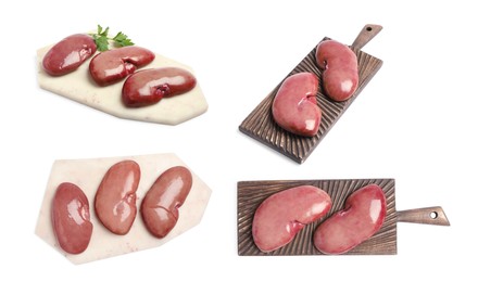 Image of Set with fresh raw kidneys on white background