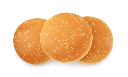 Photo of Fresh hamburger buns isolated on white, top view