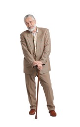 Senior man with walking cane on white background