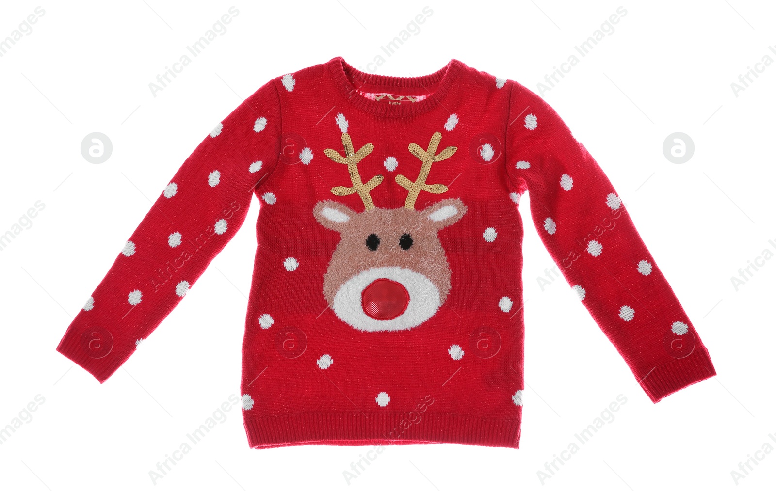 Photo of Warm Christmas sweater on white background. Seasonal clothing