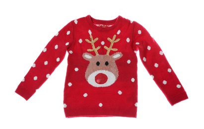 Warm Christmas sweater on white background. Seasonal clothing