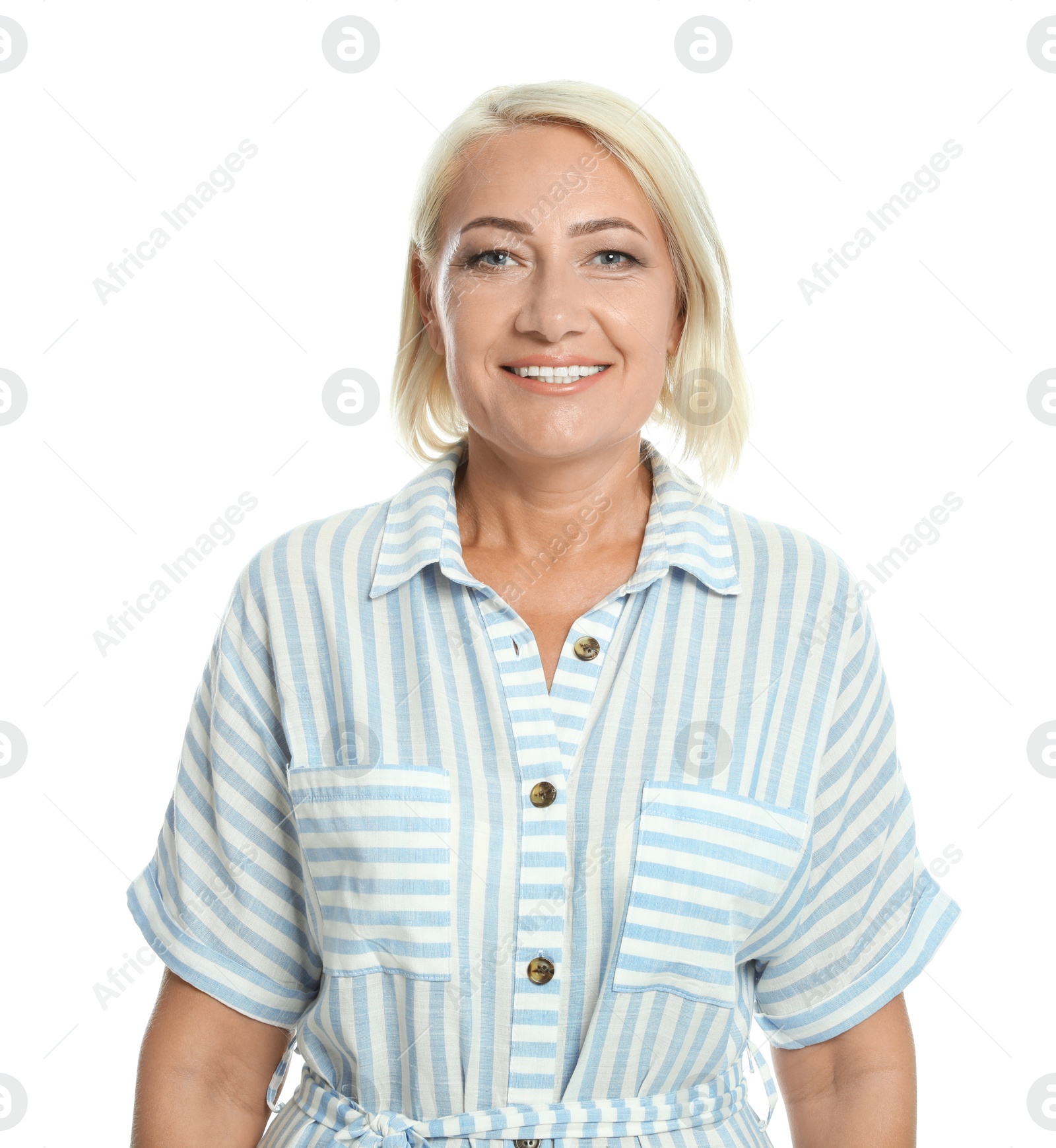 Photo of Portrait of mature woman with beautiful face on white background