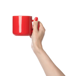 Photo of Woman holding red cup on white background, closeup