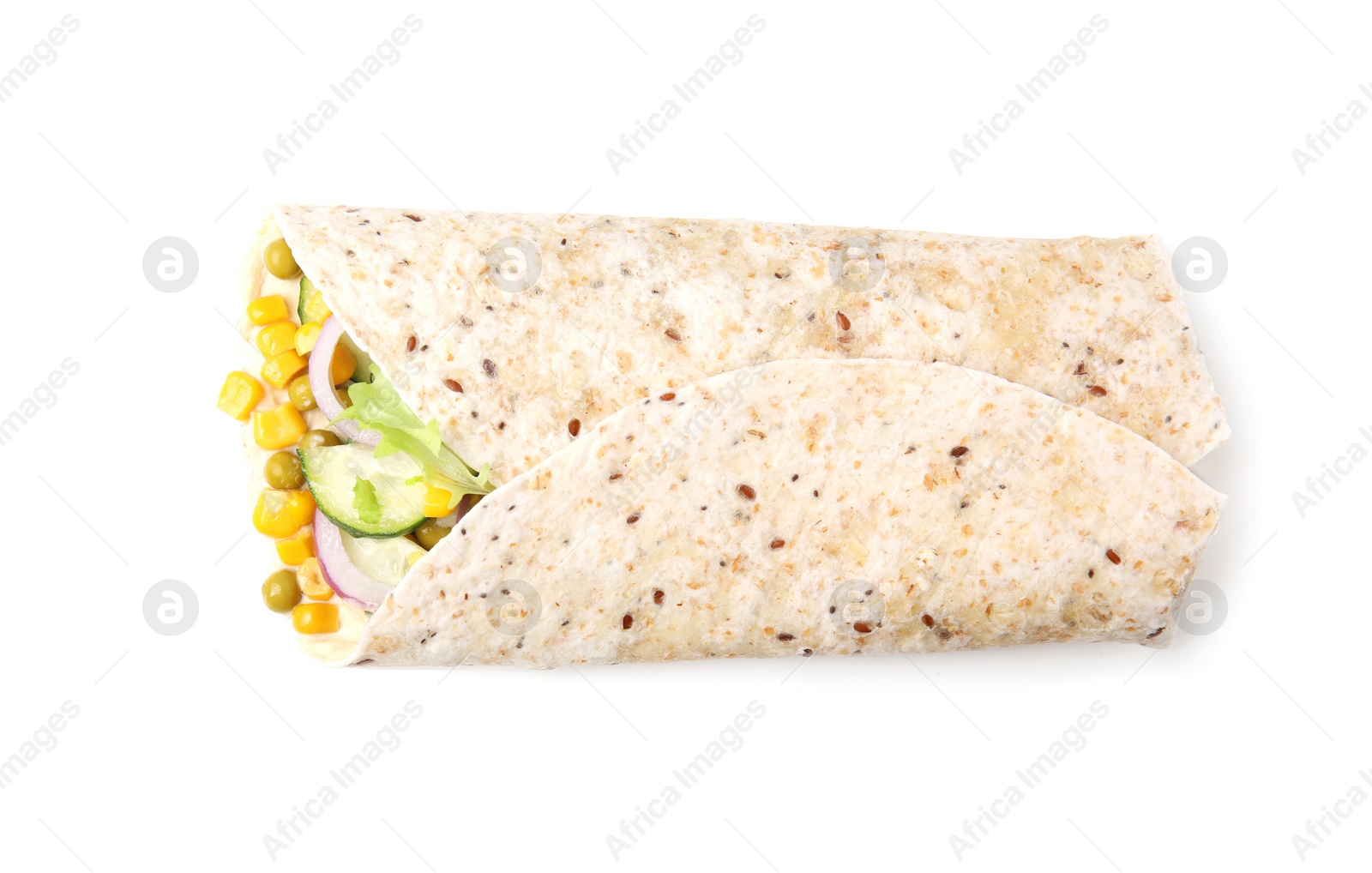 Photo of Delicious hummus wrap with vegetables isolated on white, top view