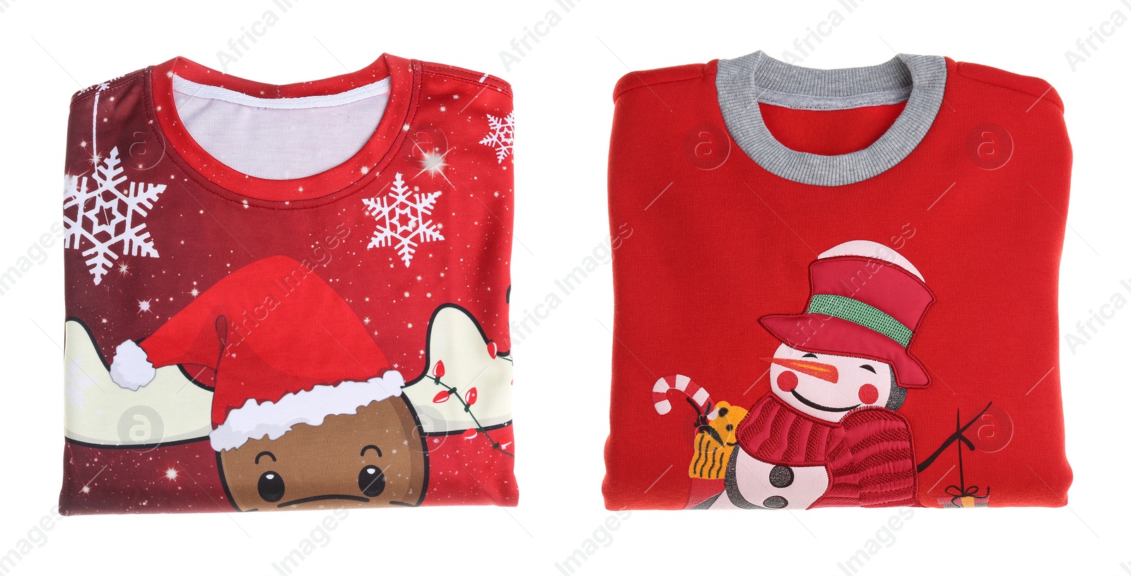 Image of Two red folded Christmas sweaters on white background