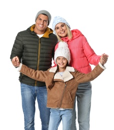 Happy family with daughter in warm clothes on white background