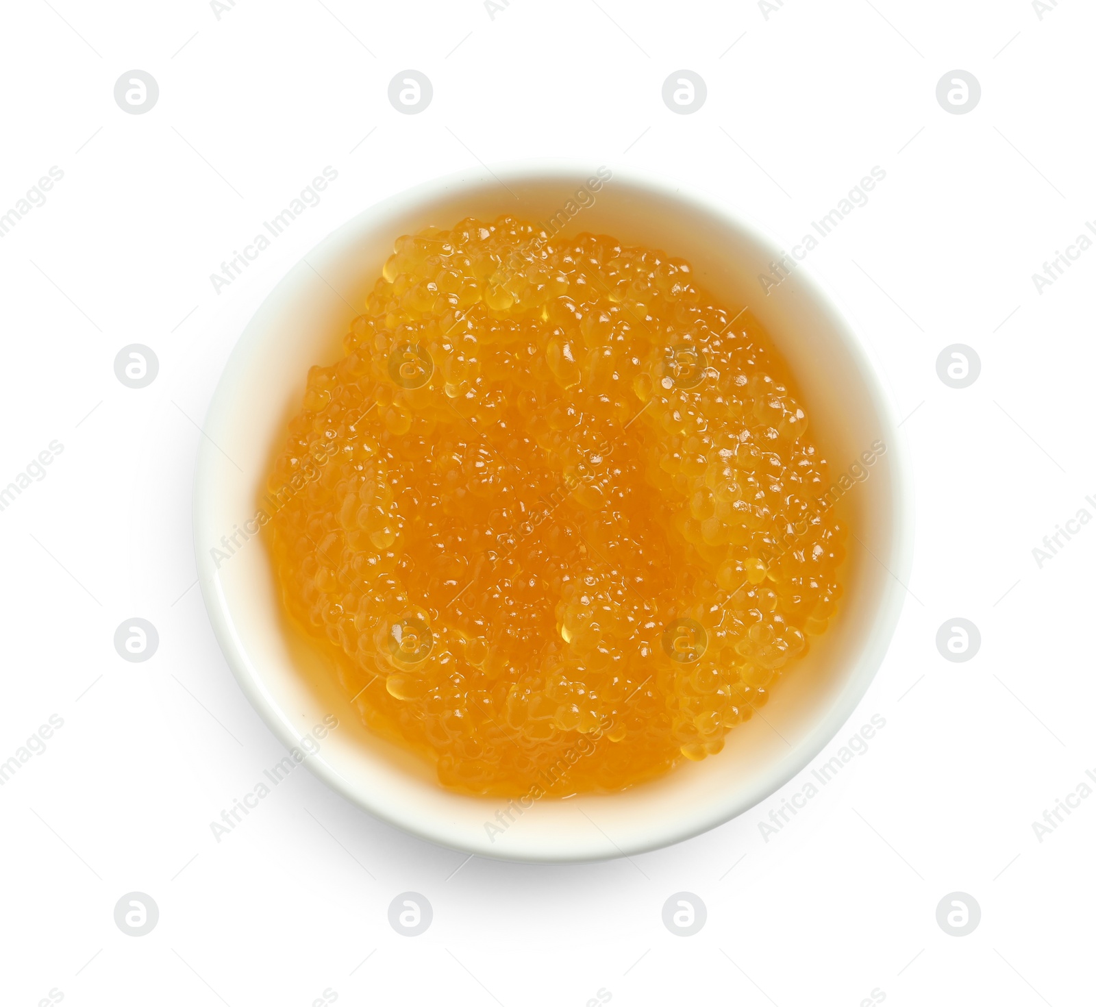 Photo of Fresh pike caviar in bowl isolated on white, top view