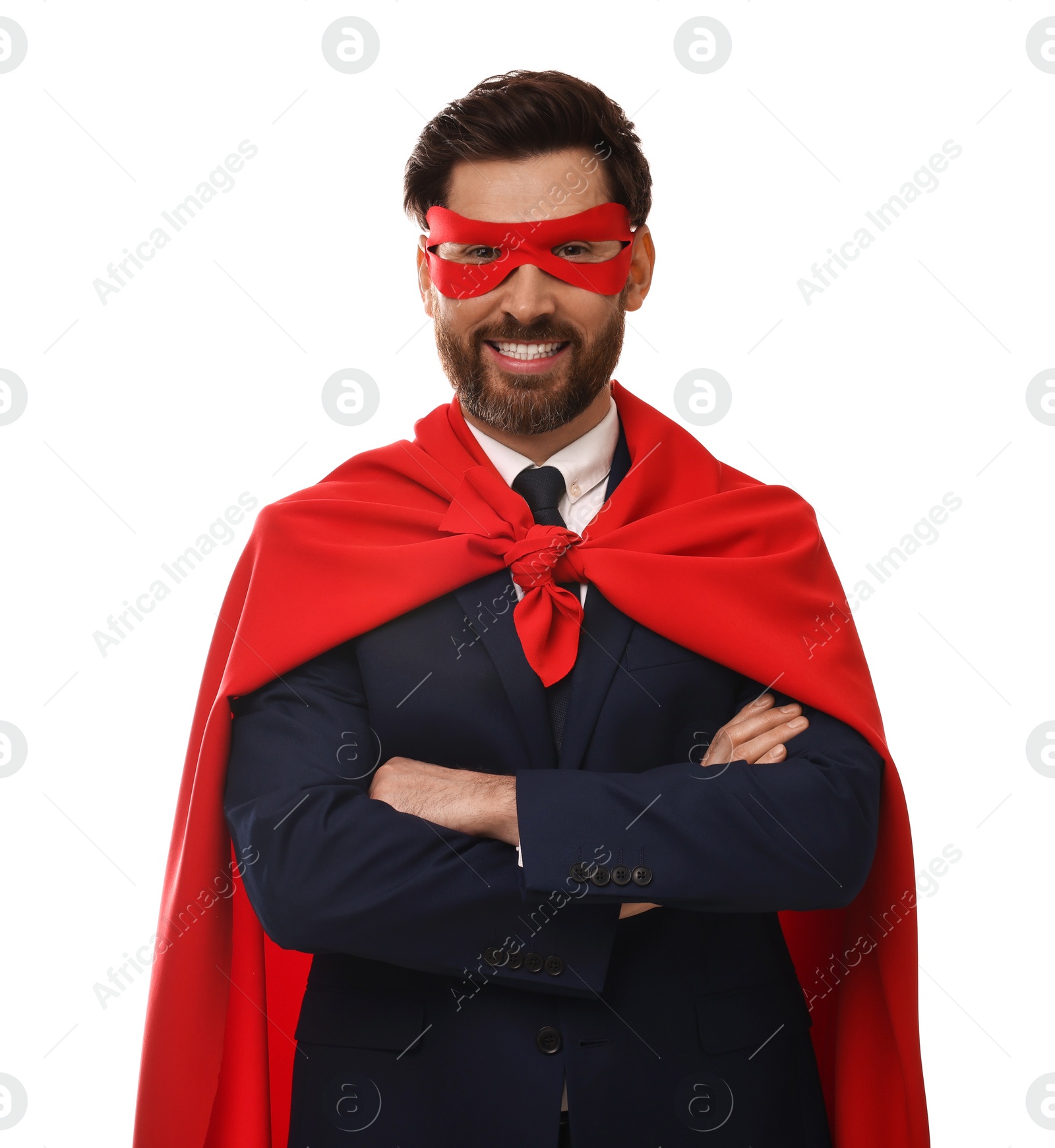 Photo of Happy businessman wearing red superhero cape and mask on white background