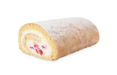 Delicious sponge cake roll with strawberries and cream on white background