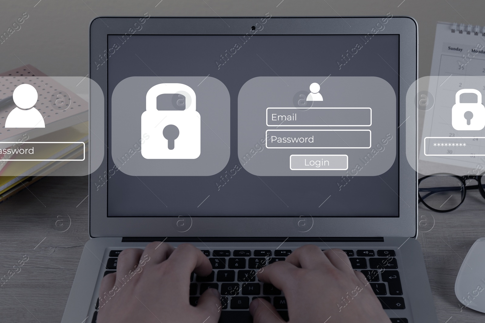 Image of Privacy protection. Woman using laptop at table, closeup. Digital login interface and illustration of padlock