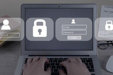 Image of Privacy protection. Woman using laptop at table, closeup. Digital login interface and illustration of padlock