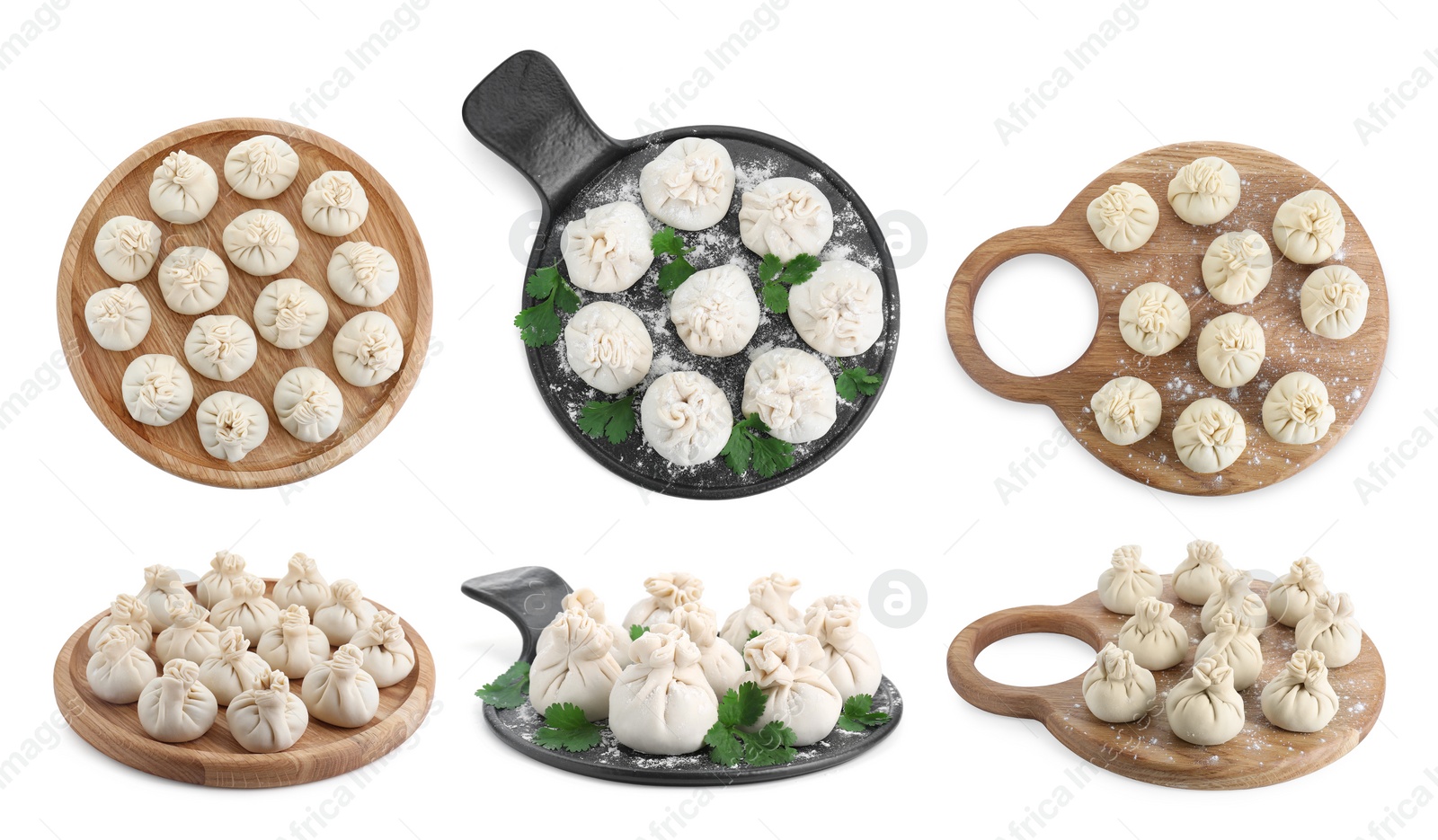 Image of Set of uncooked khinkalis (dumplings) isolated on white, top and side views