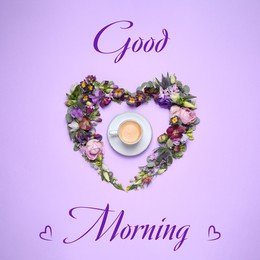 Good morning! Beautiful heart made of different flowers and coffee on violet background, flat lay