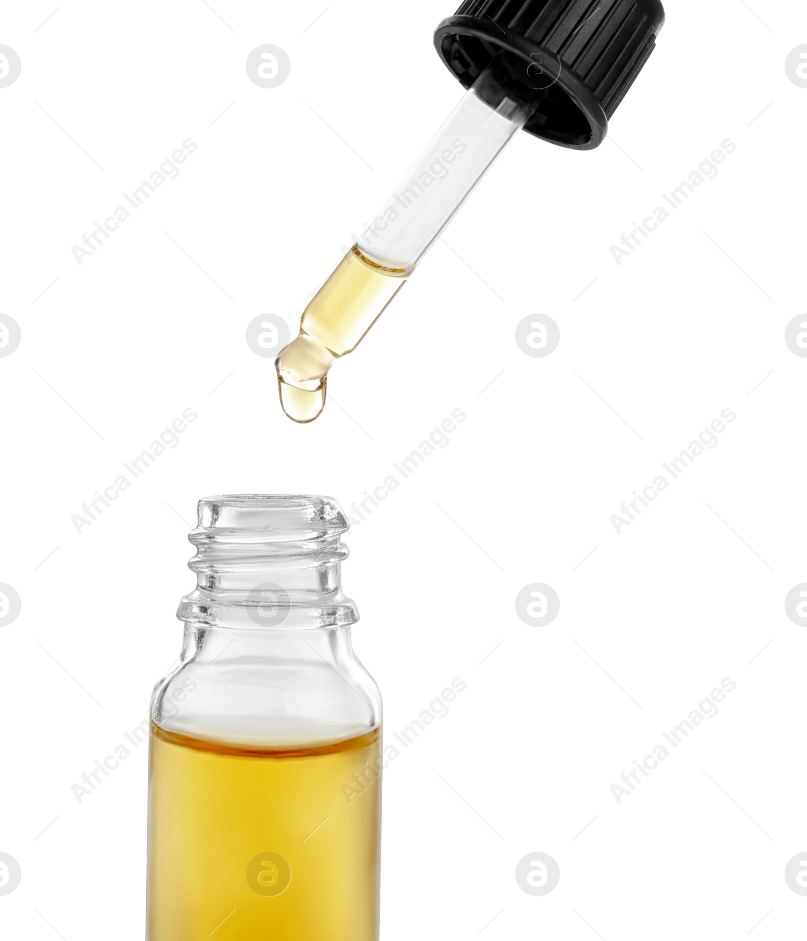 Photo of Little bottle with essential oil and dropper on white background