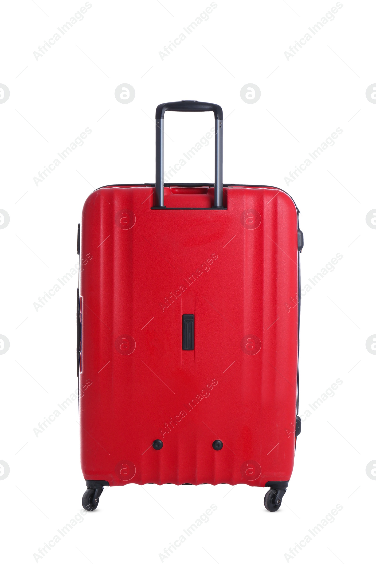 Photo of Red suitcase for travelling on white background