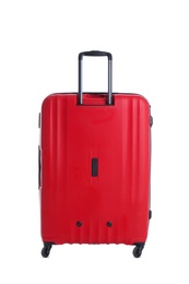 Photo of Red suitcase for travelling on white background