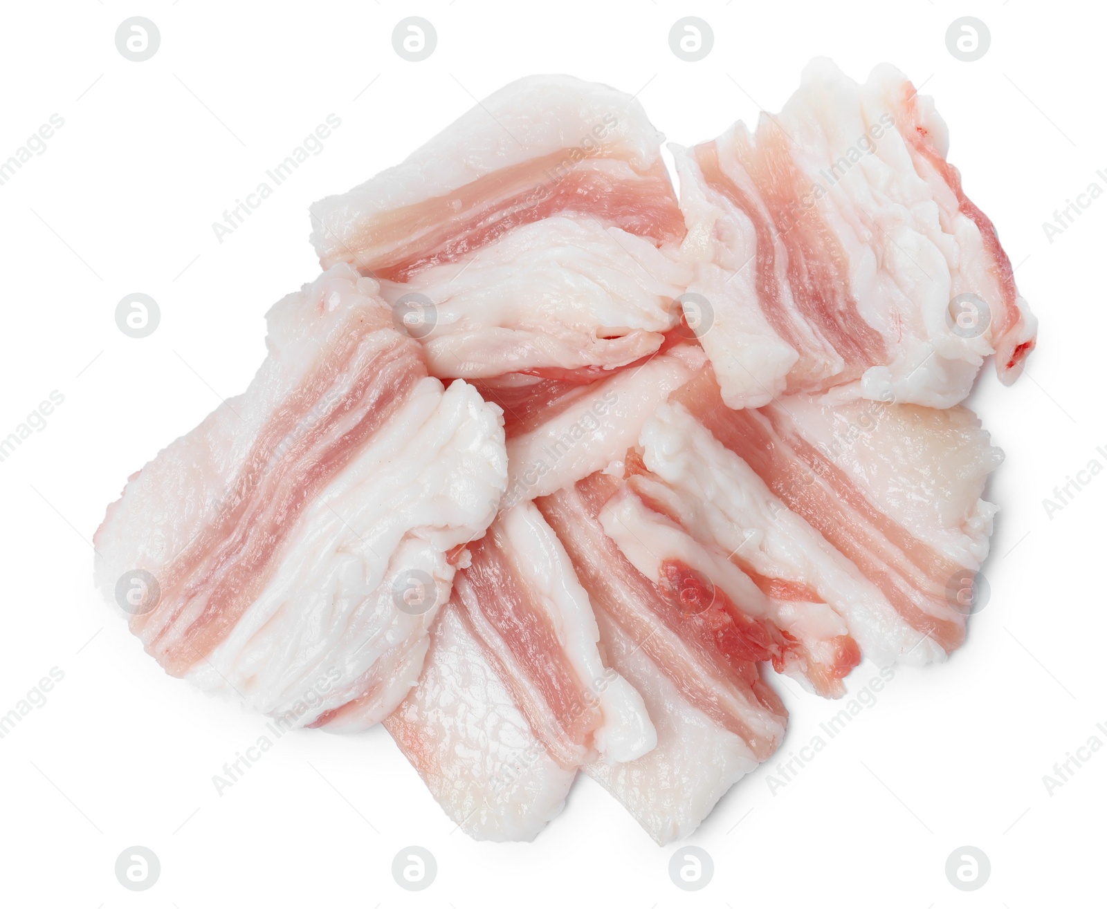 Photo of Slices of pork fatback on white background, top view