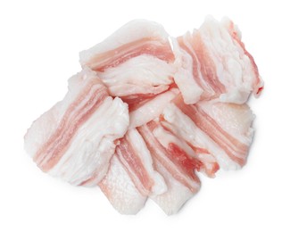 Photo of Slices of pork fatback on white background, top view