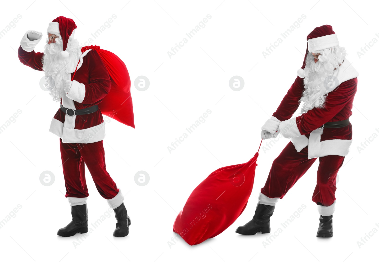 Image of Collage with photos of Santa Claus on white background