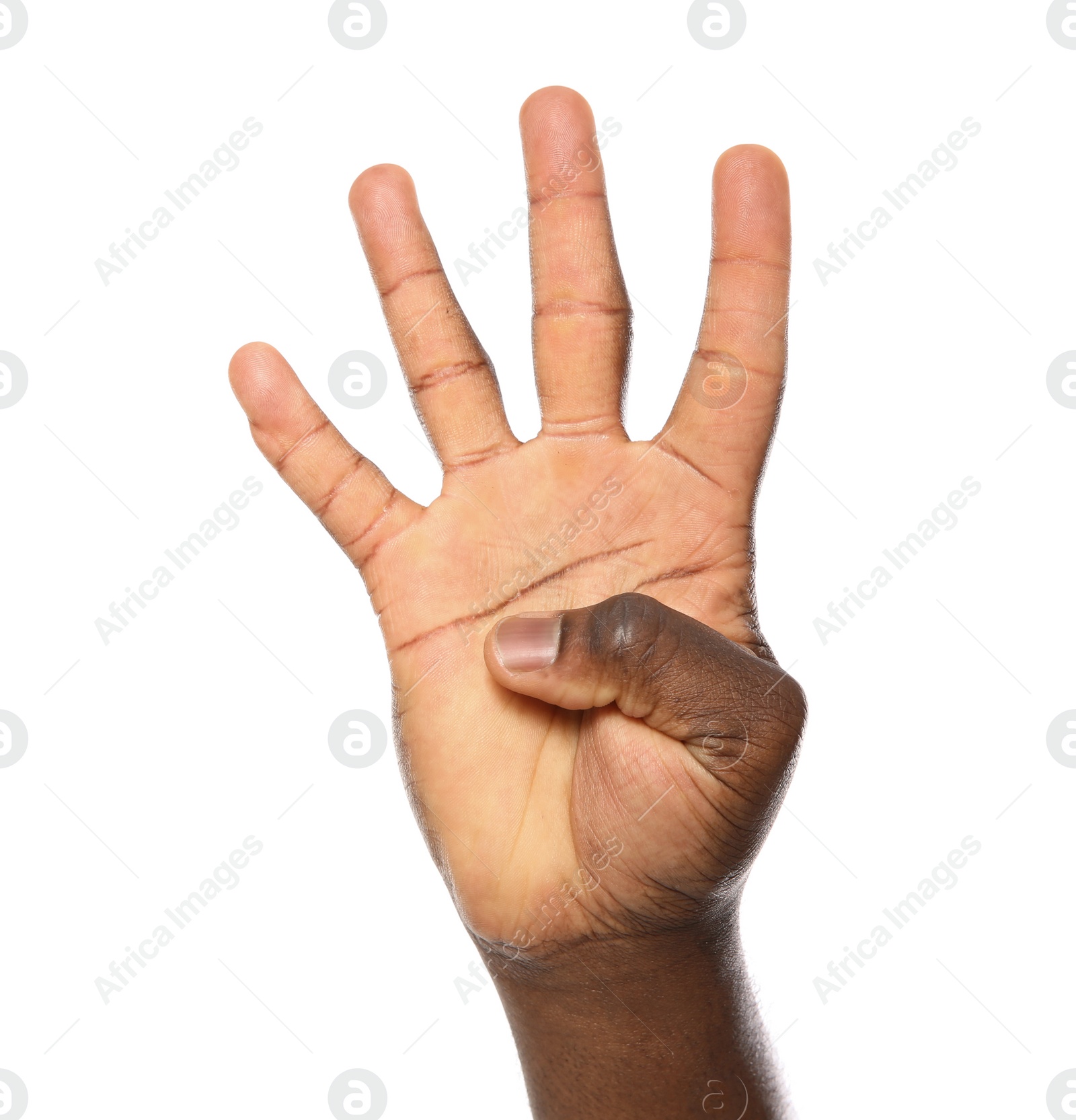 Photo of African-American man showing number FOUR on white background, closeup