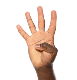 African-American man showing number FOUR on white background, closeup