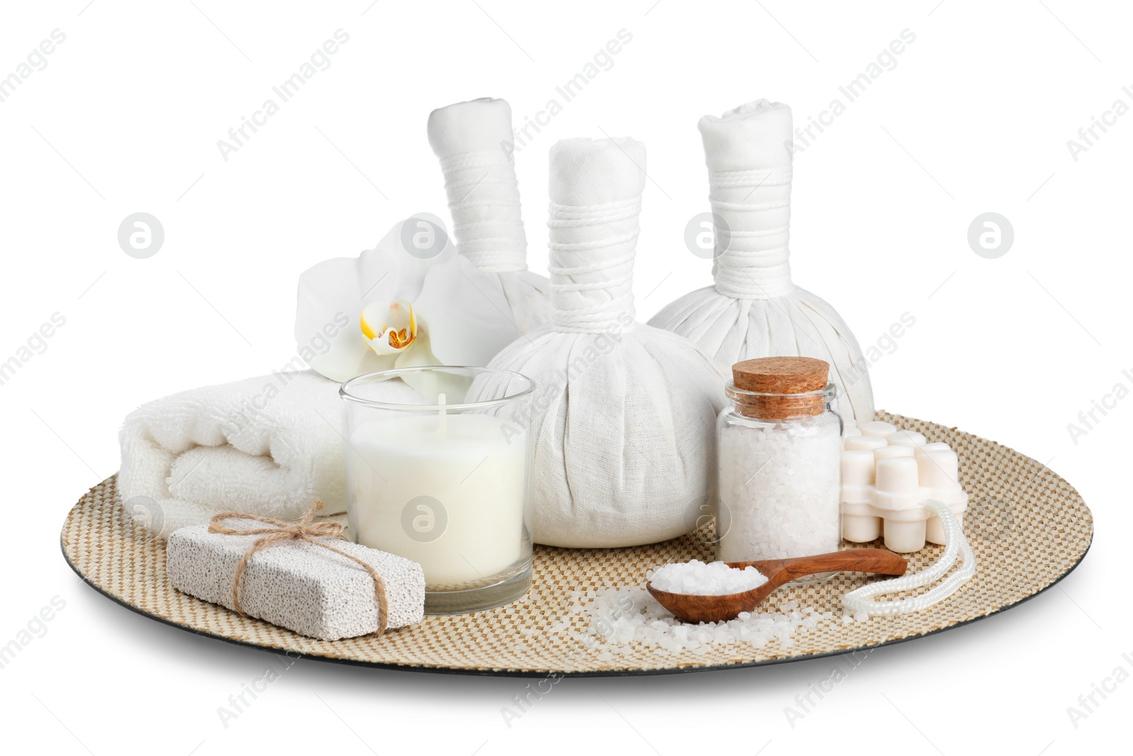 Photo of Beautiful spa composition with different care products isolated on white