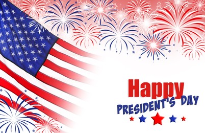 Happy President's Day - federal holiday. American national flag and fireworks on white background