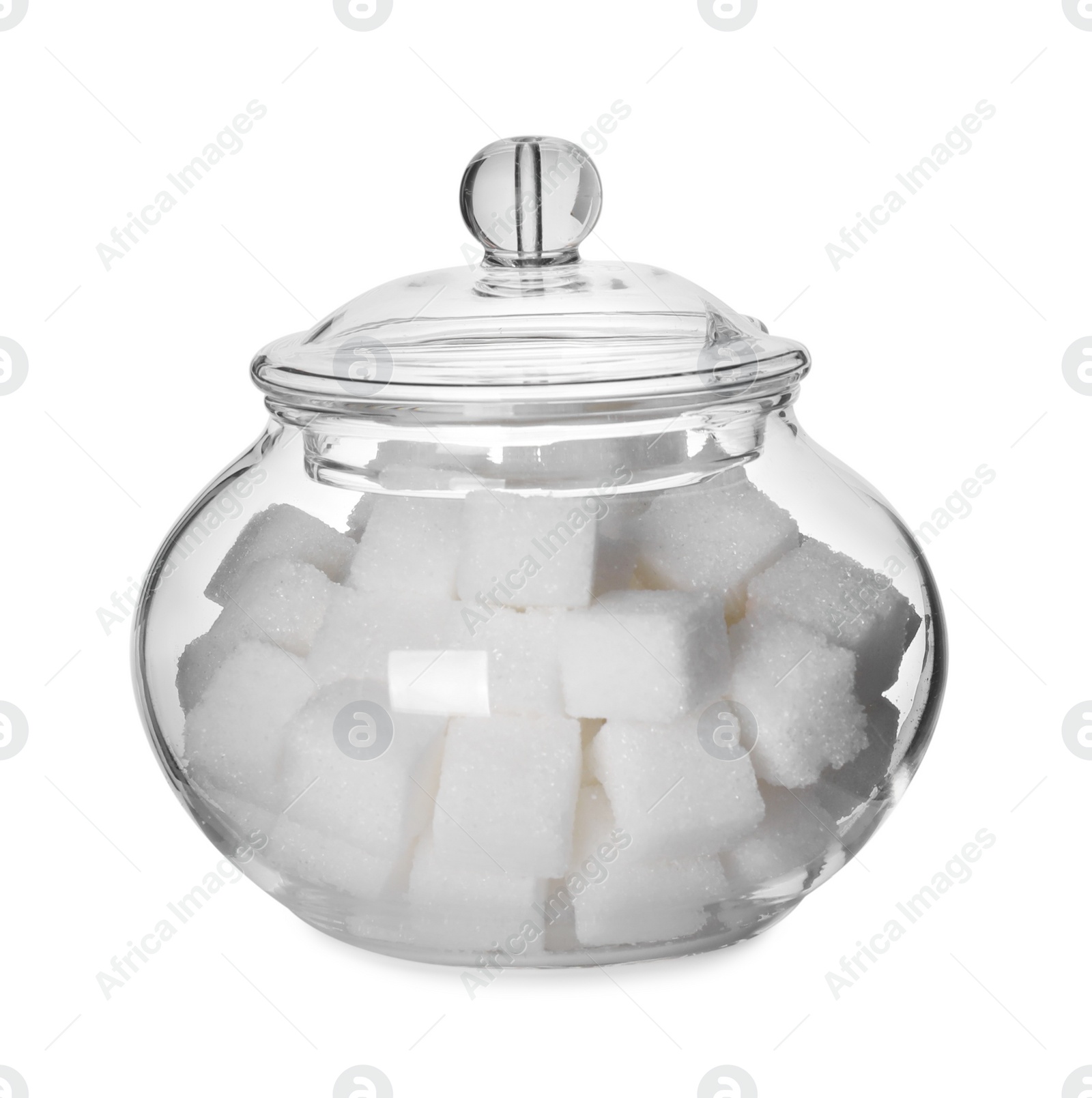 Photo of Glass bowl with refined sugar cubes isolated on white