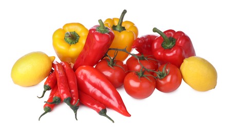 Photo of Heap of fresh ripe vegetables and fruit on white background