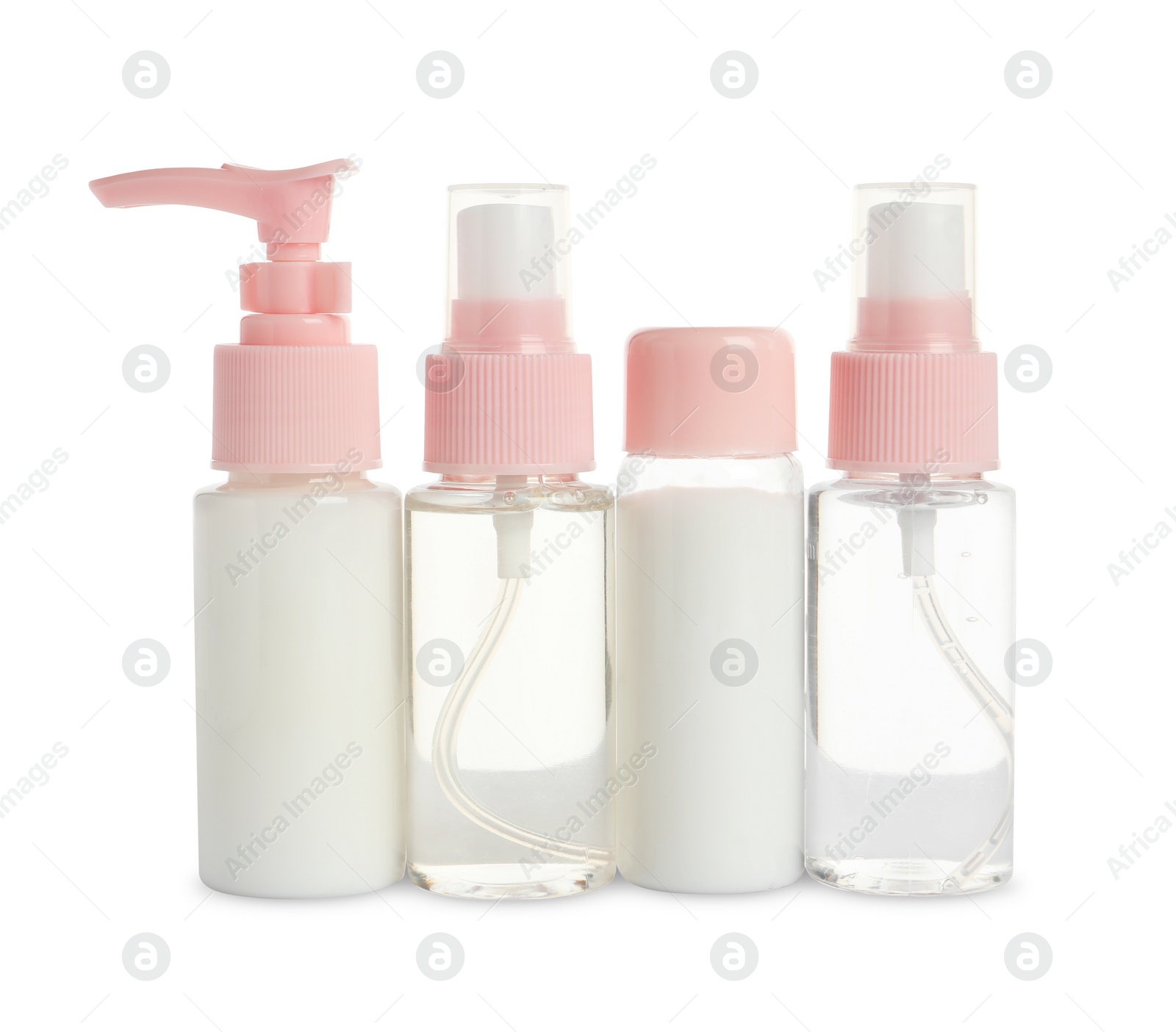 Photo of Cosmetic travel kit isolated on white. Bath accessories