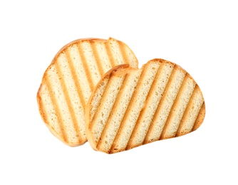 Photo of Slices of grilled wheat bread isolated on white, top view